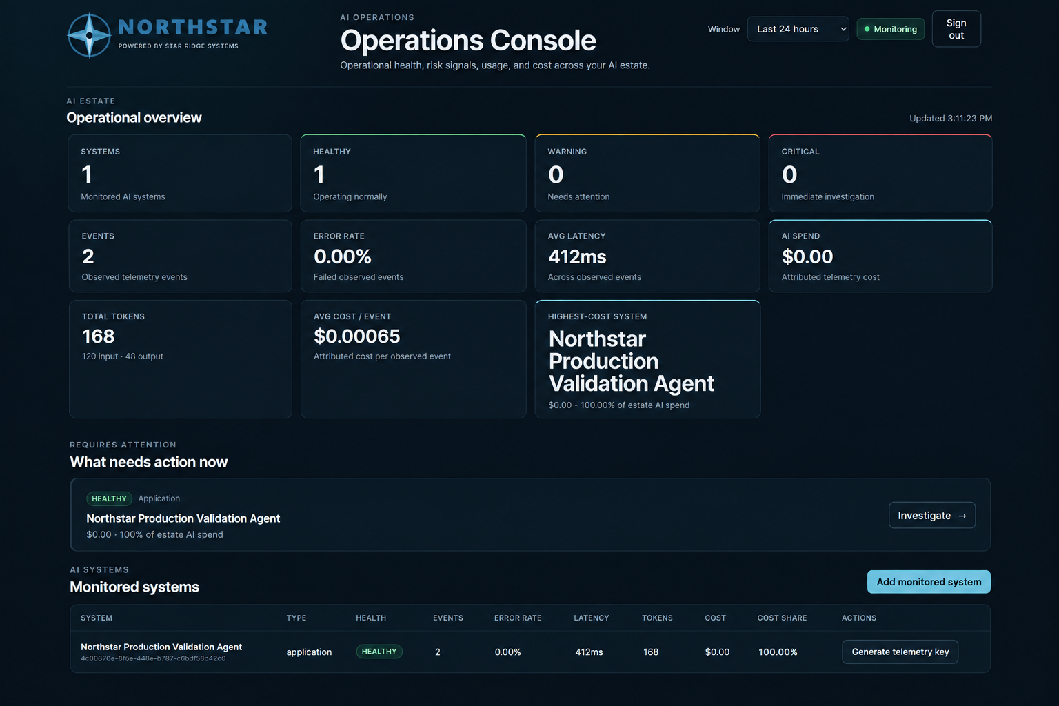 Northstar Operations Console showing production AI system health, events, errors, latency, token usage, cost, attention signals, and monitored systems